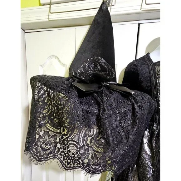 Gothic Witch Costume Girls 8-10 Dress Hat Veil Dark Bride Velvet Lace Halloween - Picture 4 of 7